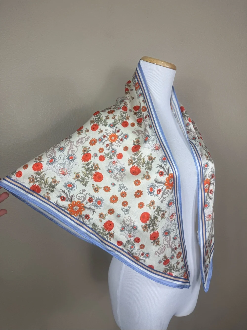La Seine 100% Silk Triangle Floral Scarf in Blue white made in Italy